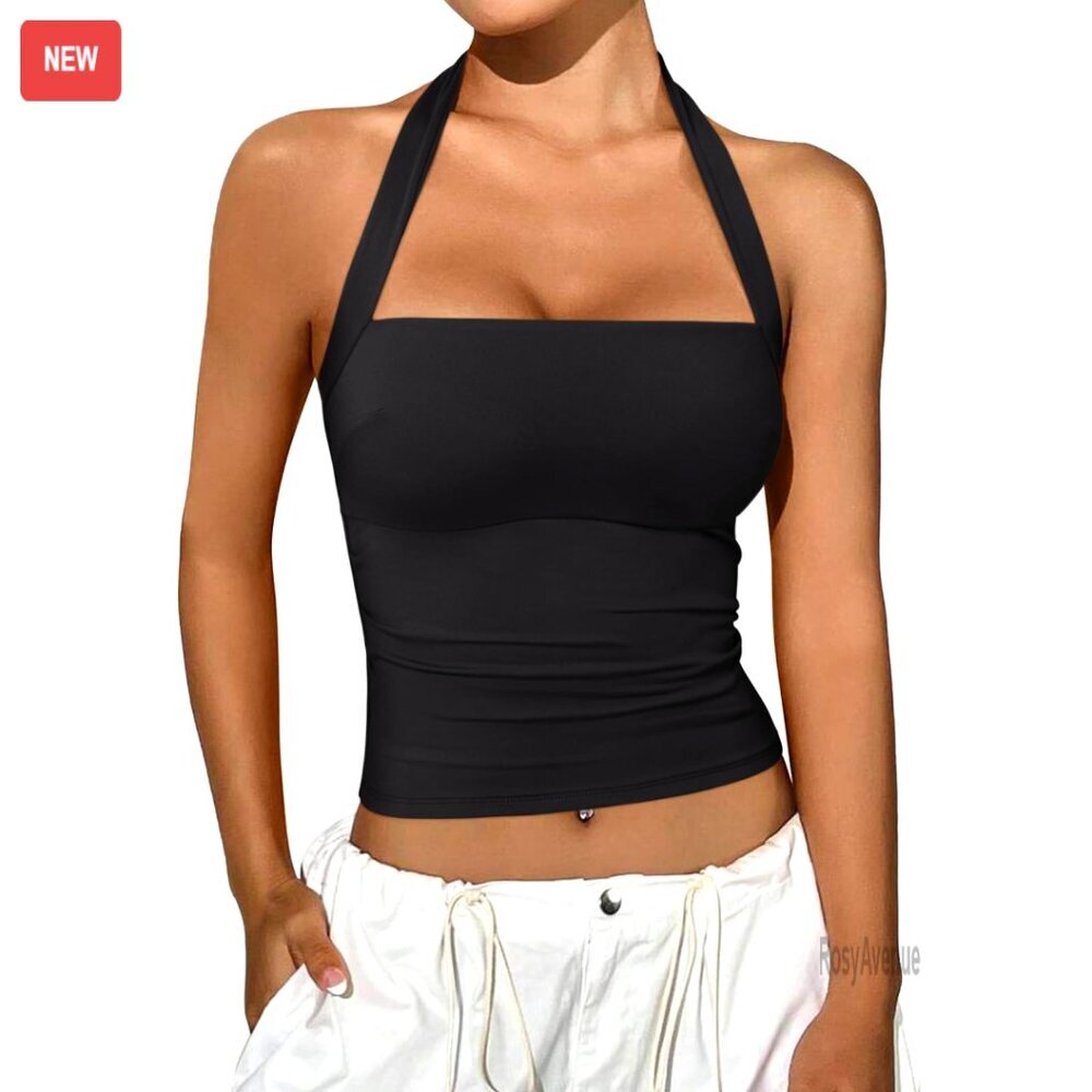 Sleeveless Halter Crop Top, Recycled Material, Y2K Trendy, Summer Going Out